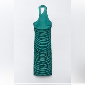 Zara Green Ruched Halter Bodycon Dress